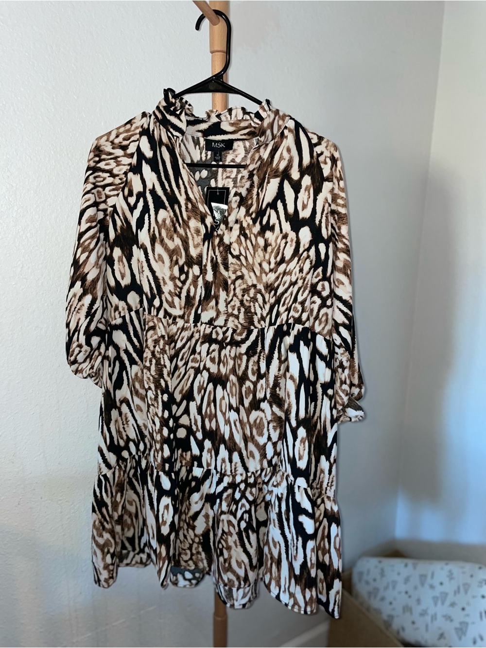 NWT MSK Animal Print Tiered Long Sleeve Dress in Brown Black White